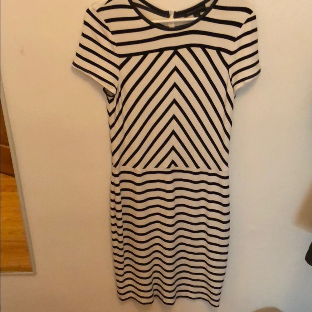 Striped dress with leather neckline